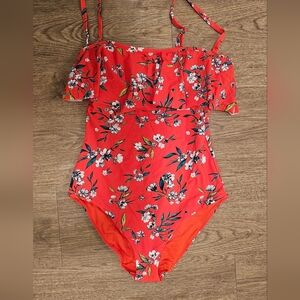 Bright Red Floral One-Piece Swimsuit, Tummy Control, Size US 4